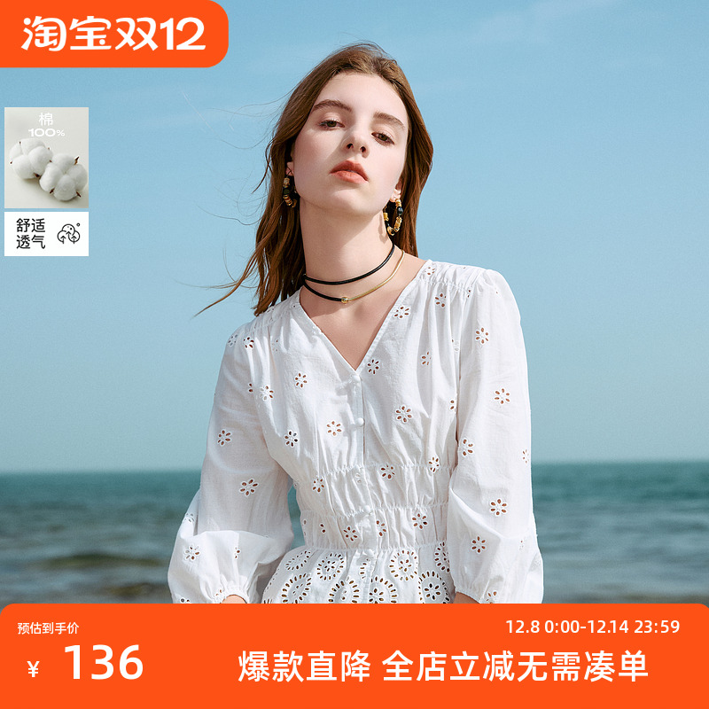 ibudu2025春季新款纯棉绣花衬衫V领灯笼袖套头小衫度假女