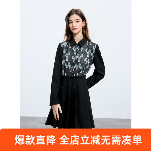 ibudu2025春季新款翻领连衣裙收腰A字裙百褶裙短裙减龄女