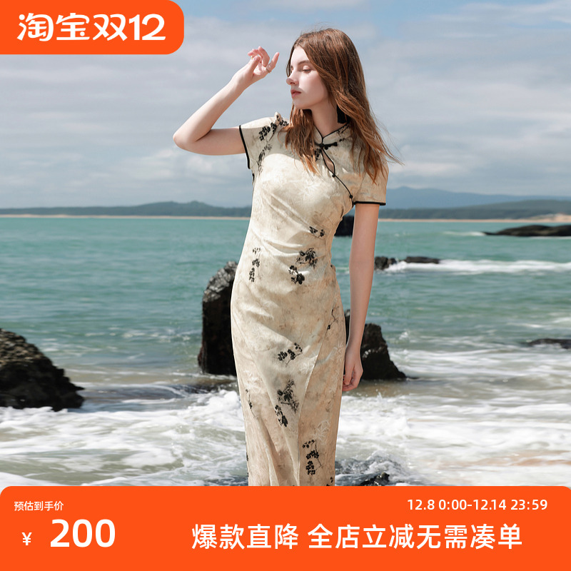 ibudu2025夏季新款新中式国风连衣裙印花修身旗袍裙女