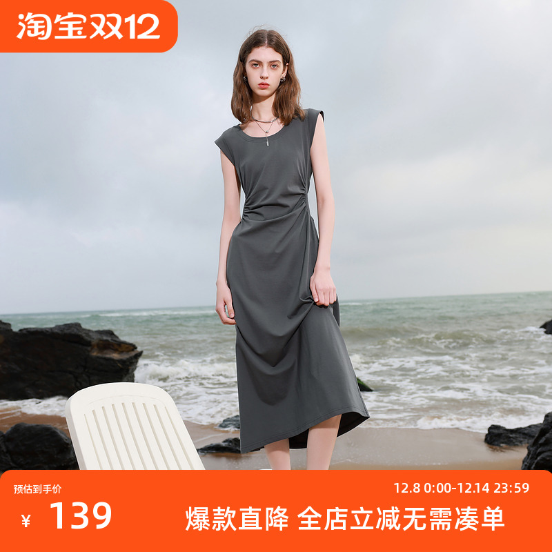 ibudu2025夏季新款无袖高腰收腰连衣裙休闲T恤裙长裙女