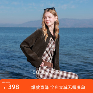 三彩2026春季新款绒感仿麂皮PU长袖外套夹克开衫短款宽松休闲M