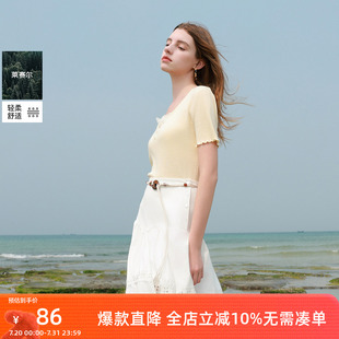 新款 修身 ibudu2025夏季 蝴蝶结拼接圆领针织衫 女 短袖 套头衫