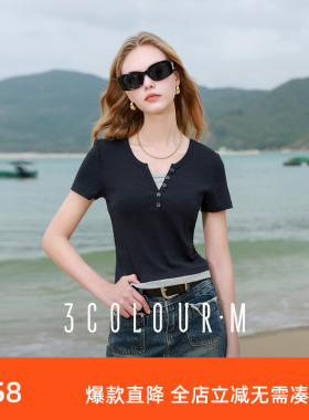 三彩2025夏季新款设计感假两件V领T恤修身短款短袖小衫套头M