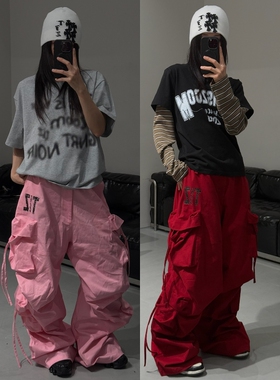 小标开门红抽绳飘带工装裤男女宽松休闲街舞速干垂感阔腿裤直筒裤