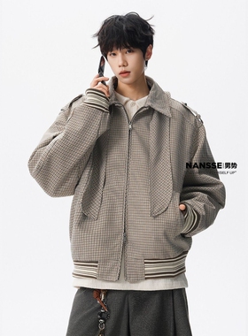 老钱风千鸟格可拆卸领结夹克男女美式复古翻领拉链宽松高级感外套