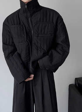 暗黑廓形立领短款棉衣男设计感线条休闲拉链加厚保暖棉衣外套潮