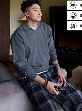 海鸥领老钱风polo长袖针织衫男美式复古宽松休闲百搭叠穿纯色毛衣