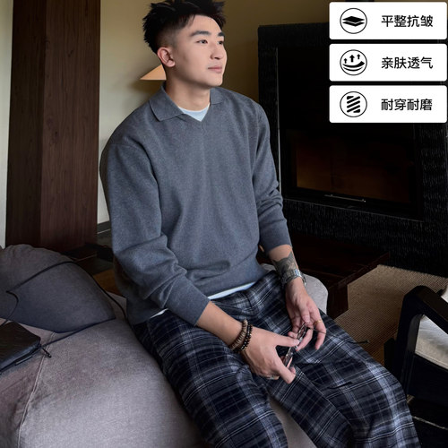 海鸥领老钱风polo长袖针织衫男