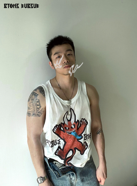 2024SS魔鬼糖印花白色背心男潮牌宽松休闲怪兽趣味图案无袖坎肩夏