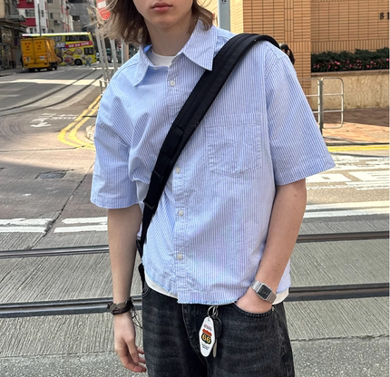 日系蓝条纹短袖衬衫男女潮牌少年感宽松休闲衬衣情侣港风上衣外套