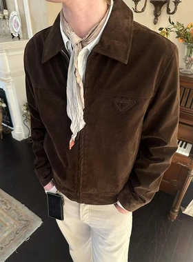 老钱风仿牛反绒翻领夹克外套男女秋季复古麂皮感短宽版型拉链上衣