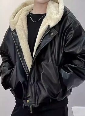 双面穿短款皮草连帽外套男女高级感皮毛一体加厚PU皮夹克棉服潮