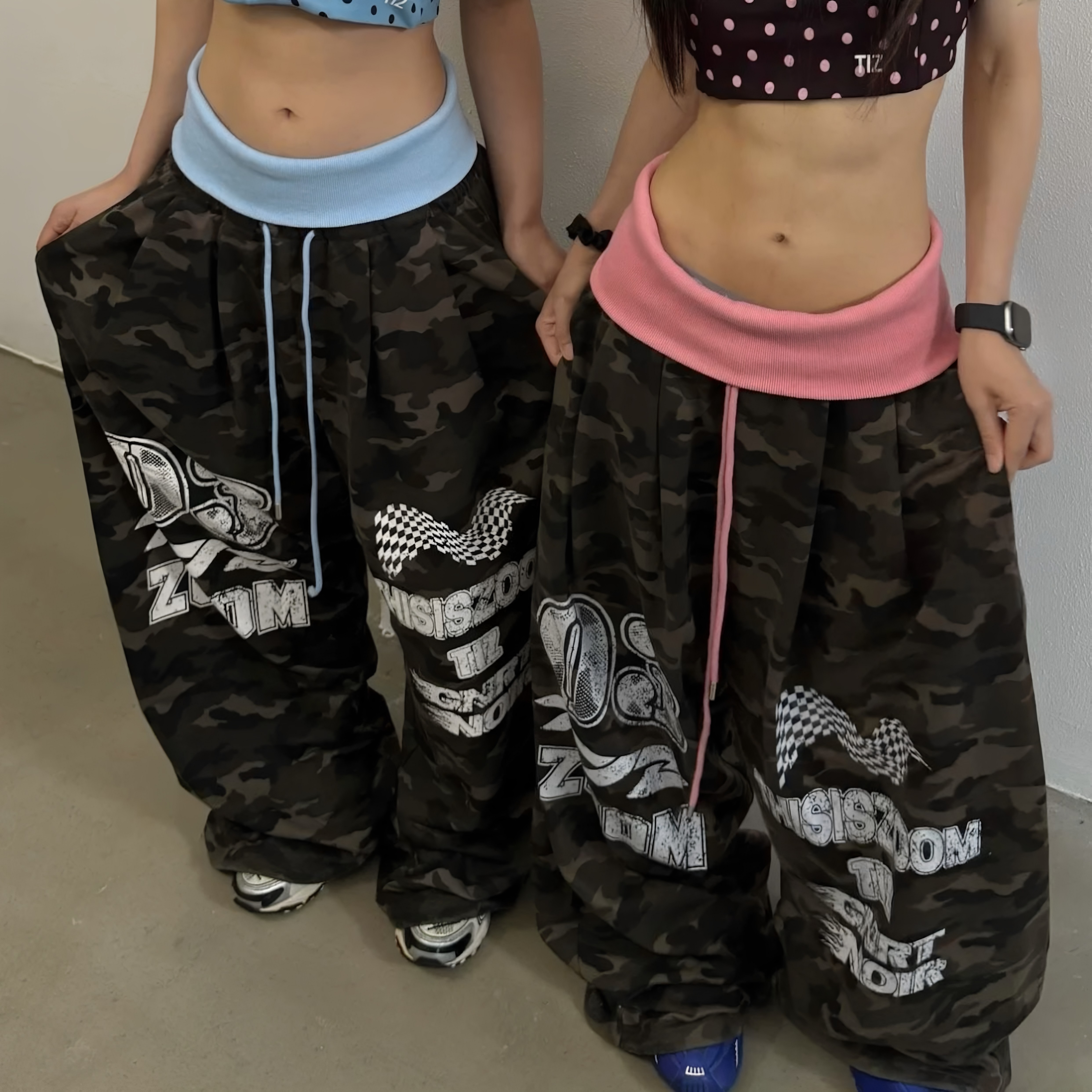 美式高街迷彩印花撞色腰休闲裤男女宽松街舞运动拖地长裤阔腿裤夏
