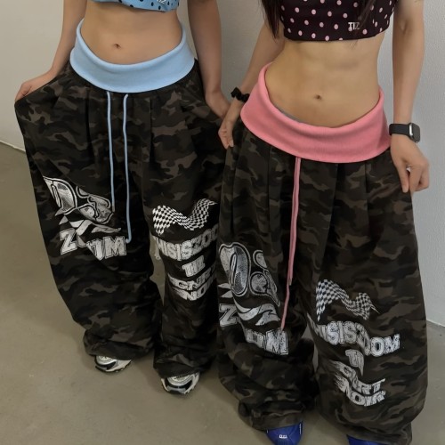 迷彩印花撞色腰休闲裤男女