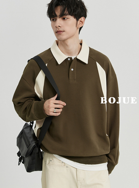 设计感拼接撞色翻领卫衣男韩版宽松轻熟polo衫长袖上衣加厚外套