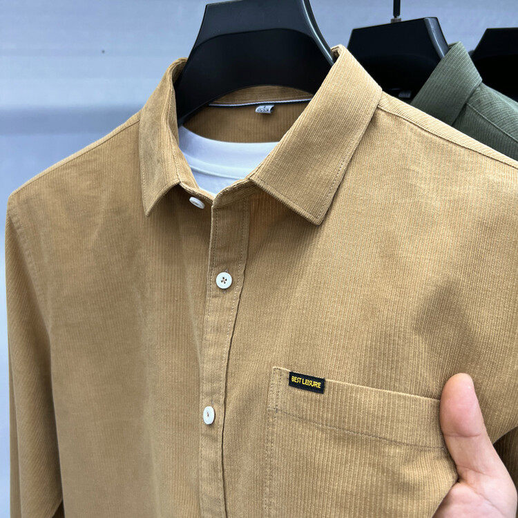 带口袋灯芯绒衬衫男纯色翻领宽松上衣中青年商务休闲净版长袖衬衣