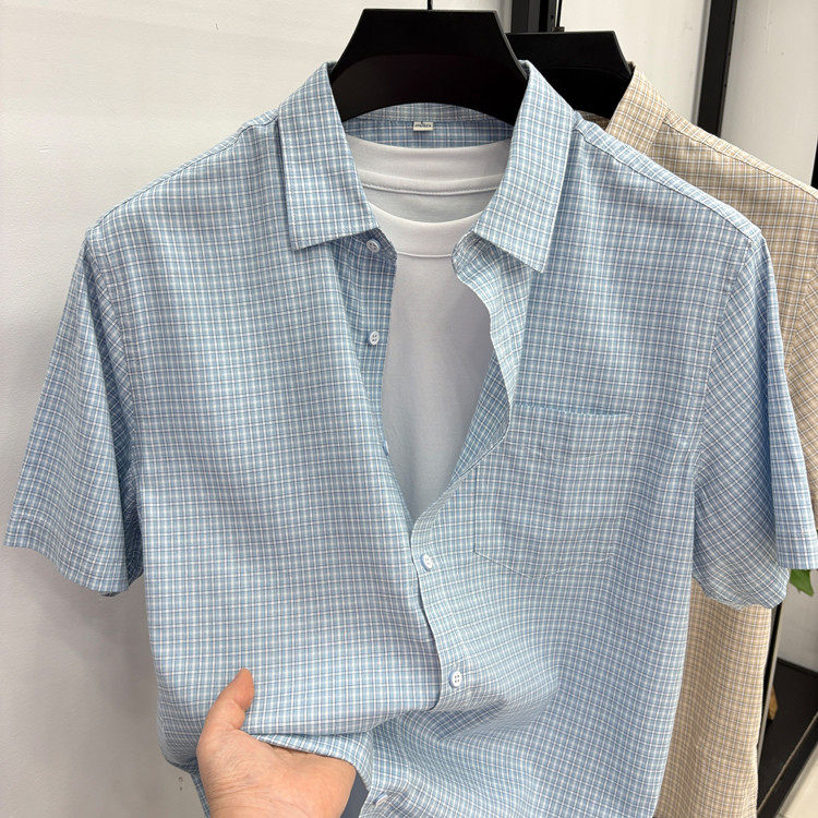 夏季新款中青年男士短袖口袋格子衬衫长绒棉商务休闲薄款透气衬衣