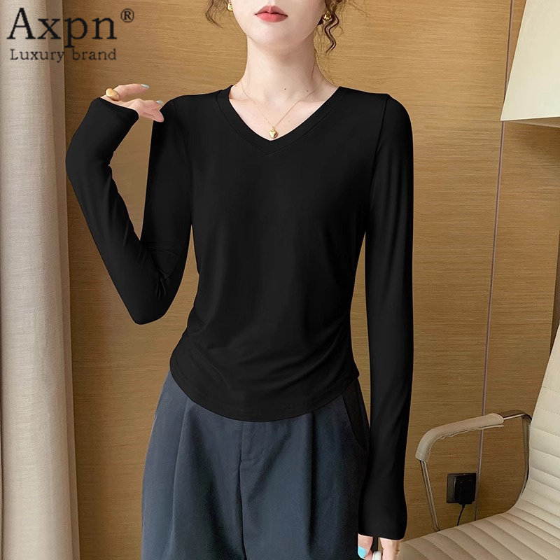 V领打底衫长袖T恤女士2025秋冬新款修身纯色简约薄款洋气外穿上衣