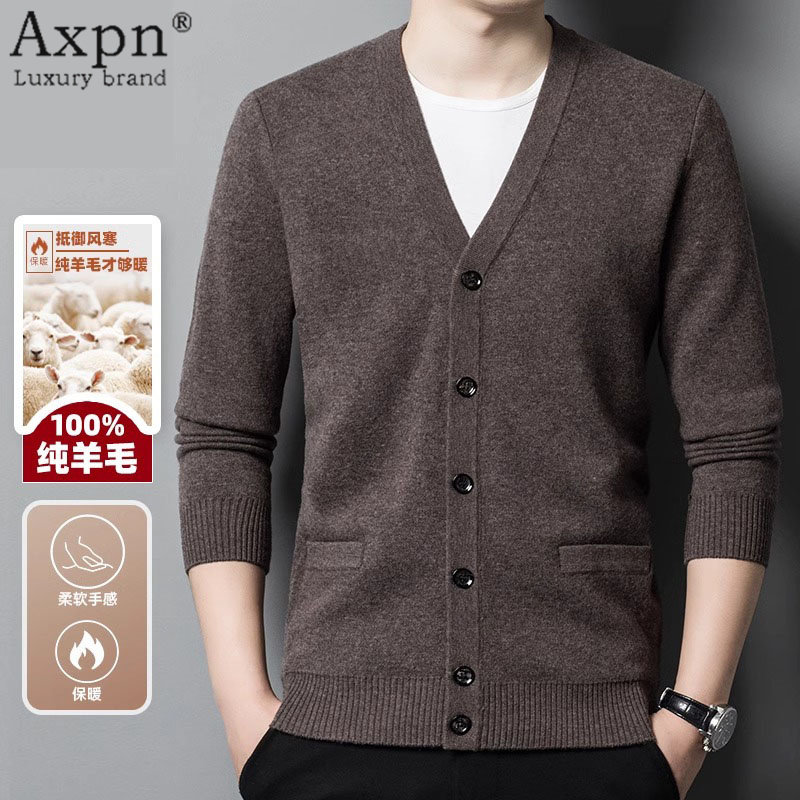 羊毛衫男2025年冬季100纯羊毛开衫中老年V领毛衣针织开衫外套男厚