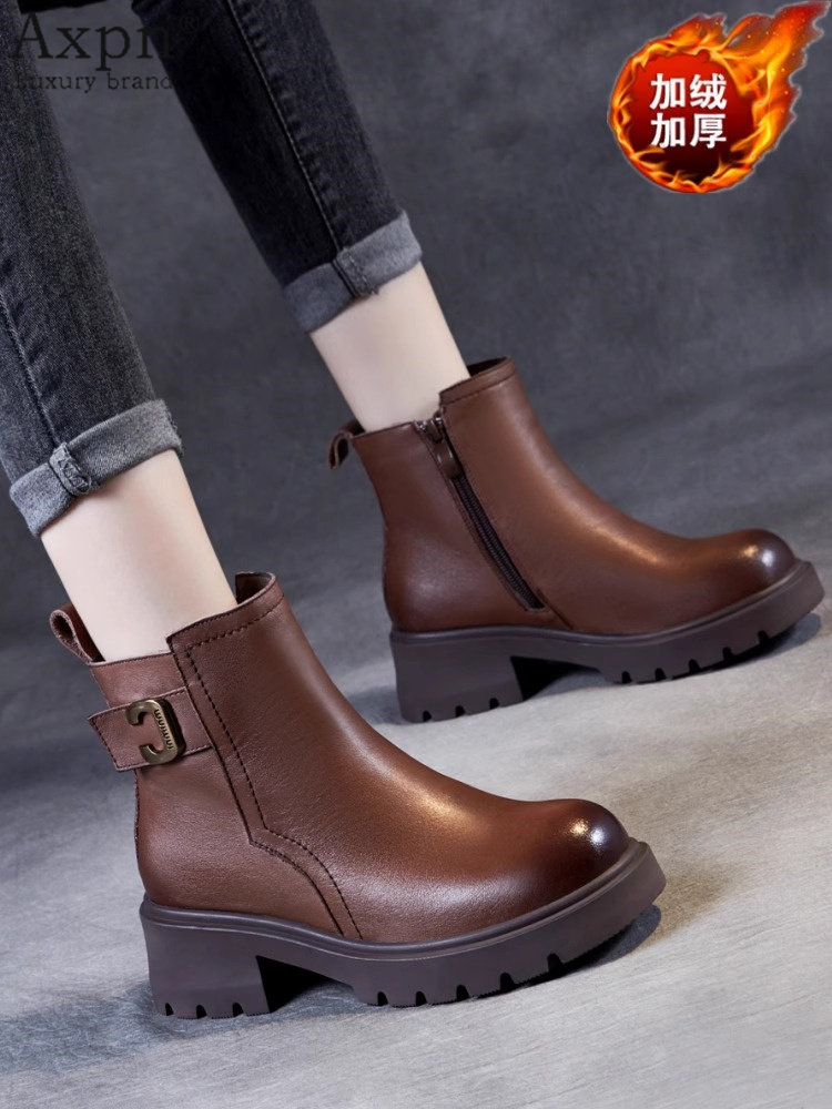 时尚粗跟马丁靴女加绒加厚短靴2025秋冬新款女鞋百搭单靴防滑靴子