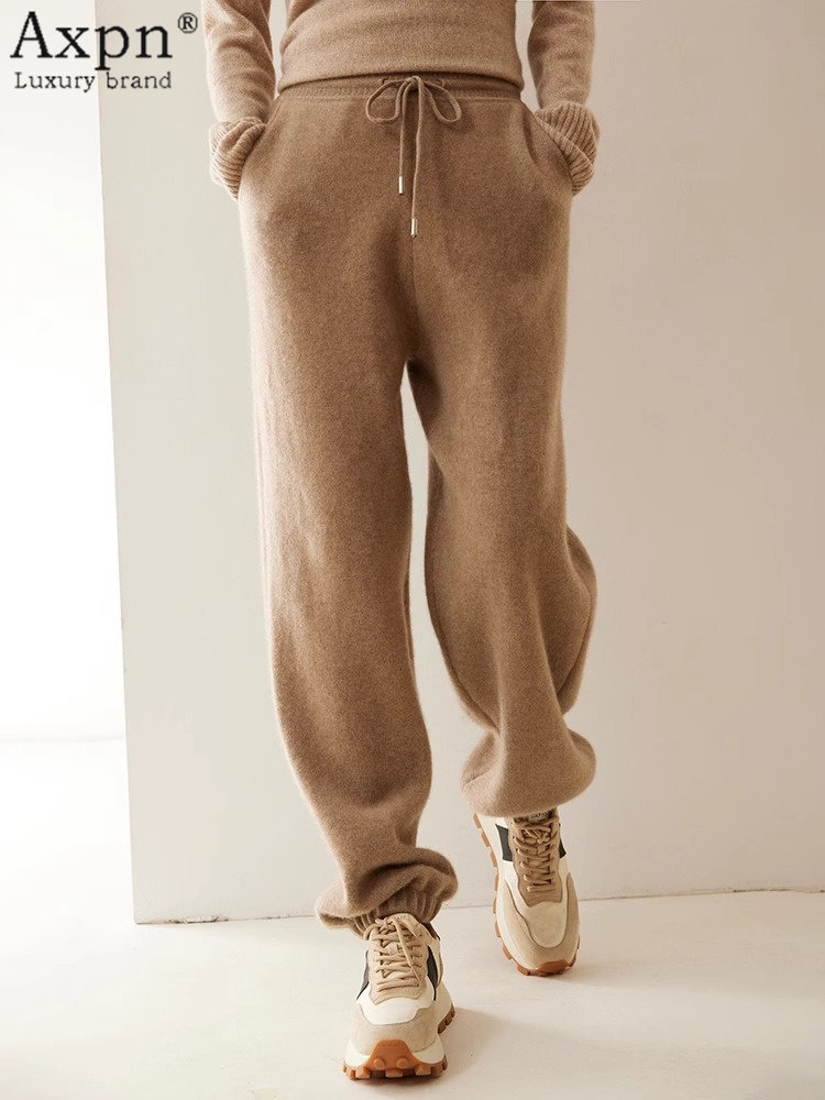 鄂尔多斯市100纯山羊绒裤女2025秋冬新款高腰显瘦针织束脚踝卫裤