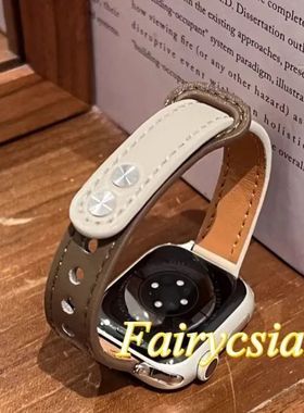 适用小米手环9pro多巴胺可爱双钉皮质表带红米watch5/4新8Pro腕带