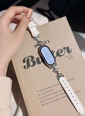 适用于小米10表带时尚土星拼针纹皮小米手环8/9nfc红米4/5/6表带