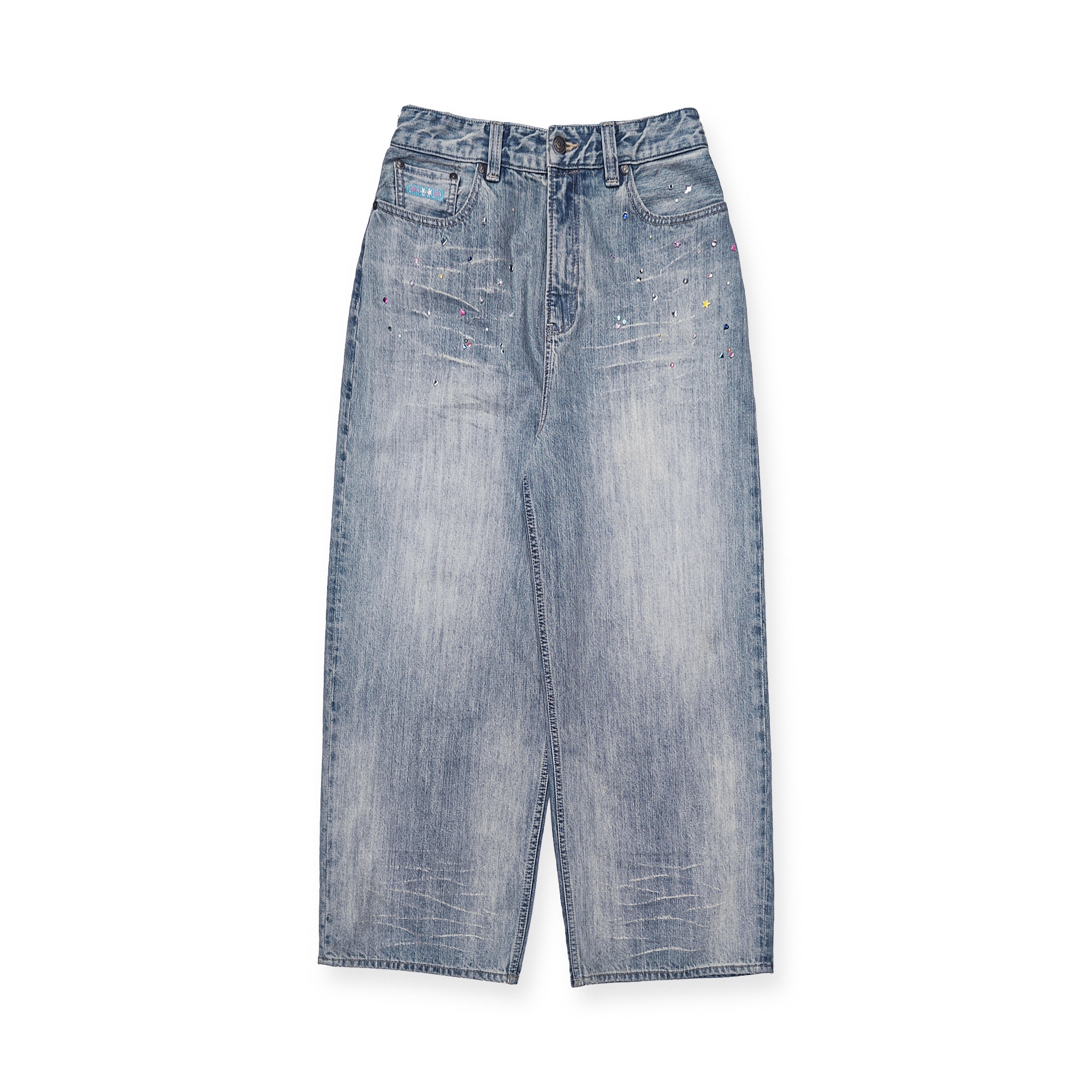 thumbnail for Moromoro color irregular, perm, pocket, bow embroidery, whiskering, vintage denim trousers