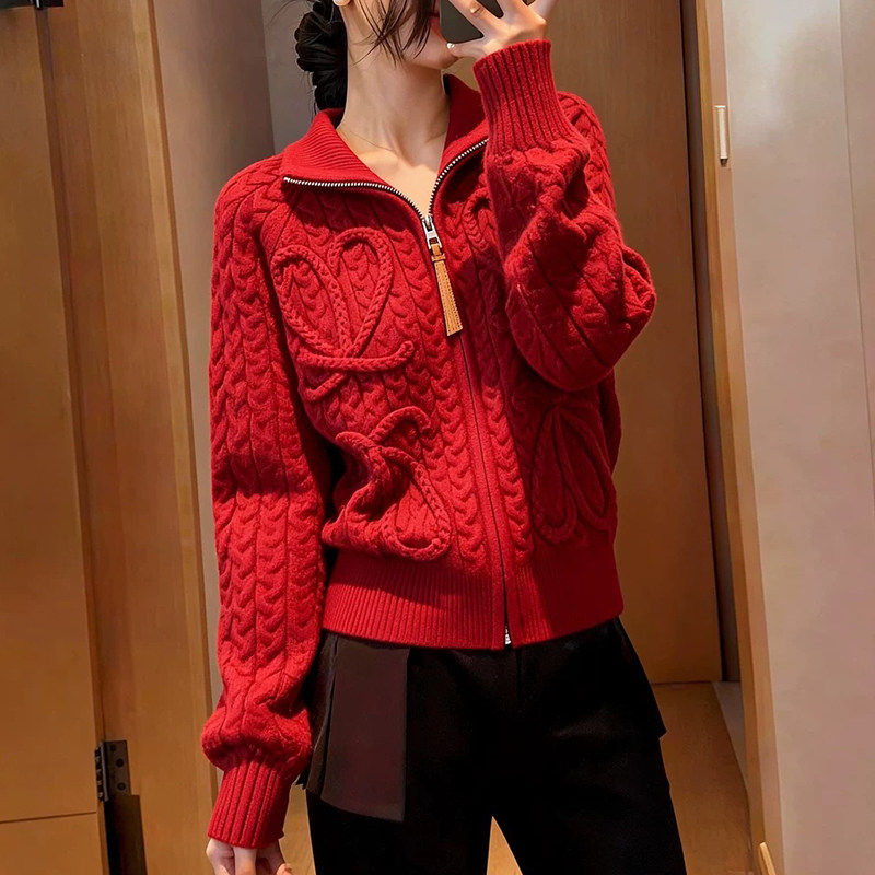 时尚朗姿新年红色高领拉链开衫女重工绞花加厚纯羊绒针织毛衣外套,女装/女士精品,羊绒衫,淘宝优惠券,粉丝福利购,淘宝优惠卷