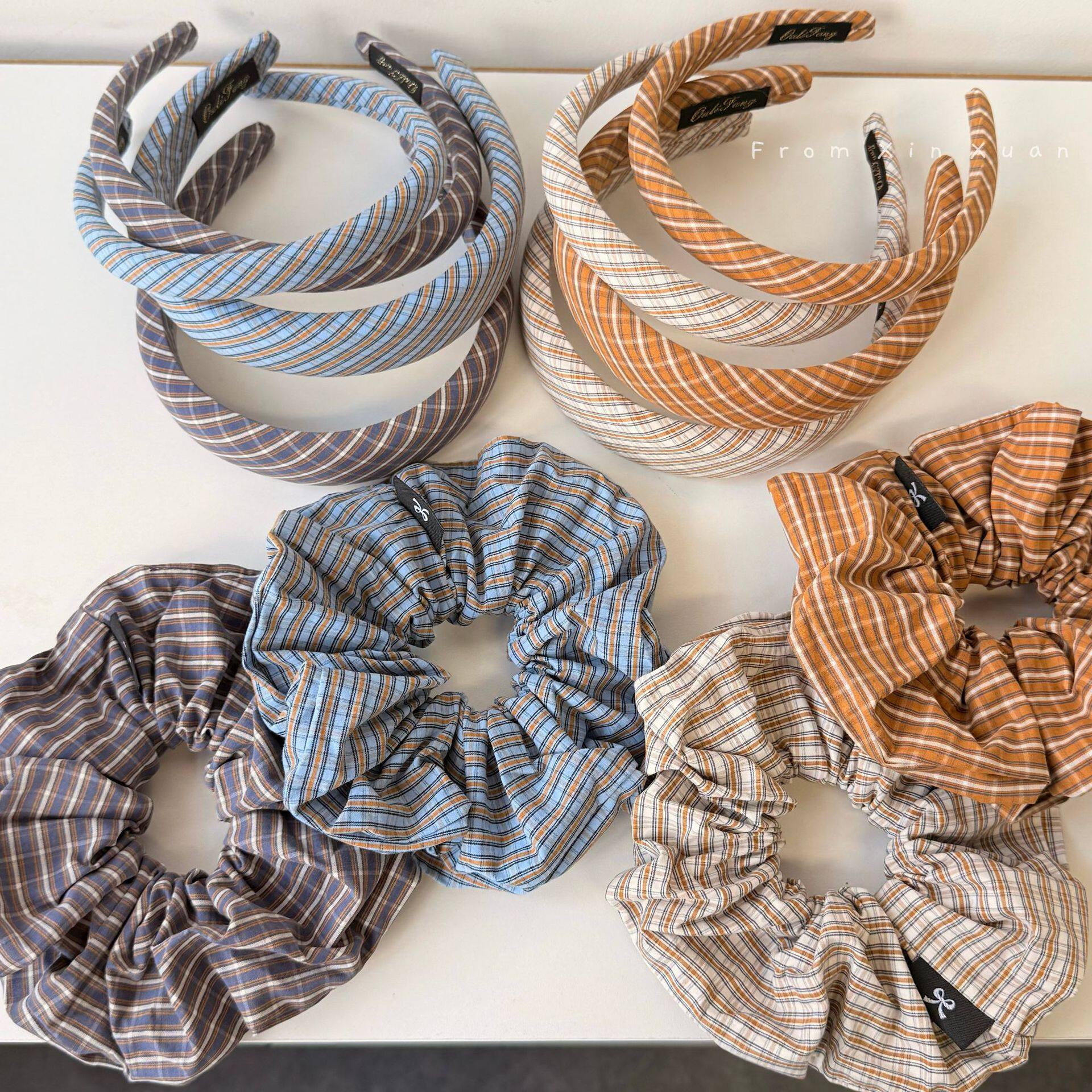 韩系简约格纹大肠发圈扎头发绳学院风丸子头绳皮筋百搭发箍发饰