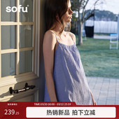 sofu 吊带裙睡裙长裙女休闲家居服可外穿睡衣居家服 色织泡泡纱