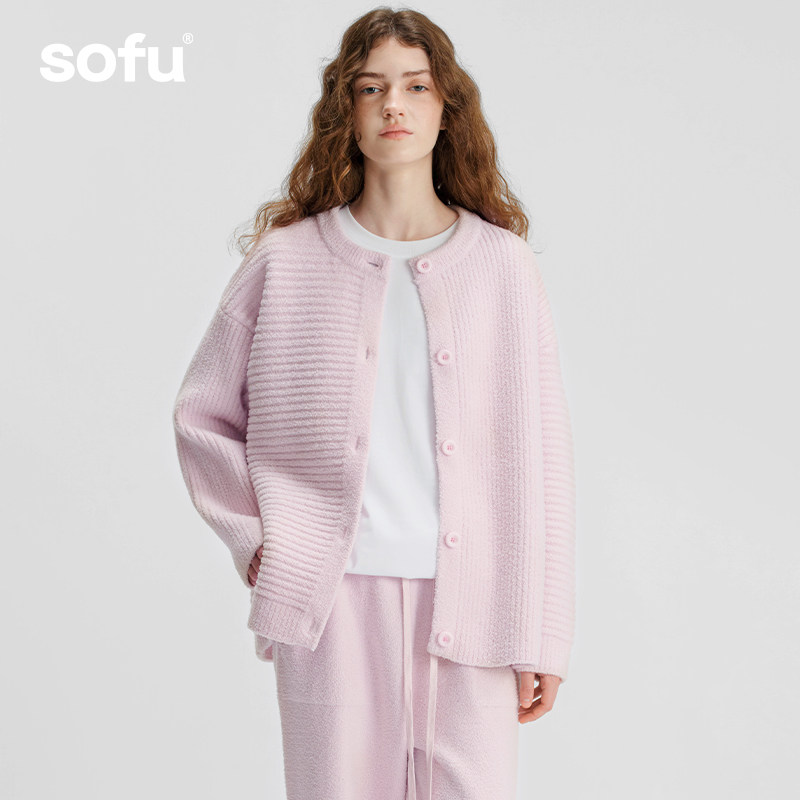 sofu软糯坑条半边绒家居服女秋冬2025新款可外穿开衫睡衣套装