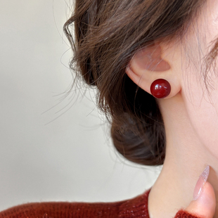 S999纯银针红色珍珠耳钉女高级感无耳洞耳夹2025新款爆款耳环耳饰