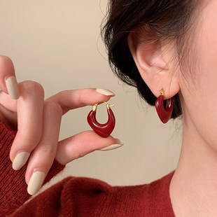 999纯银红色几何耳环女耳饰过年2026马新年耳圈本命年养耳洞耳钉