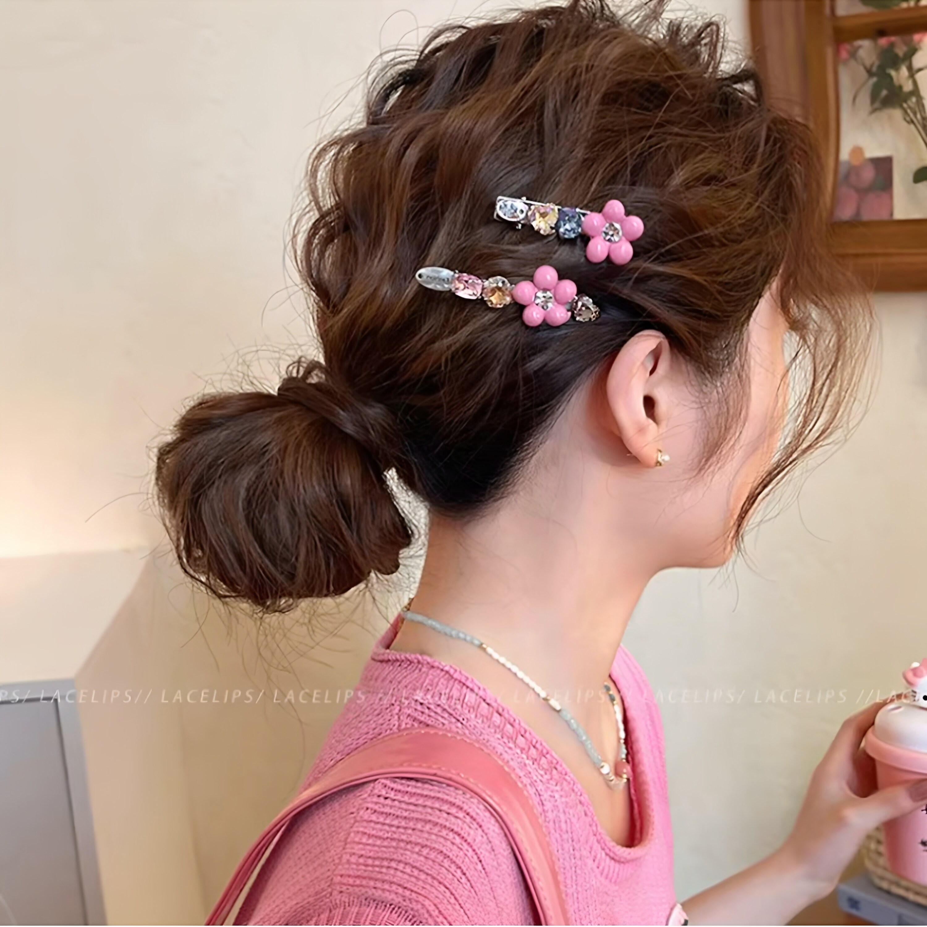 粉色花朵彩钻发夹女边夹侧边发卡