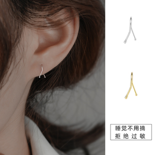 999纯银几何线条耳环女小众设计感养耳洞耳钉2026新款 耳骨钉耳饰