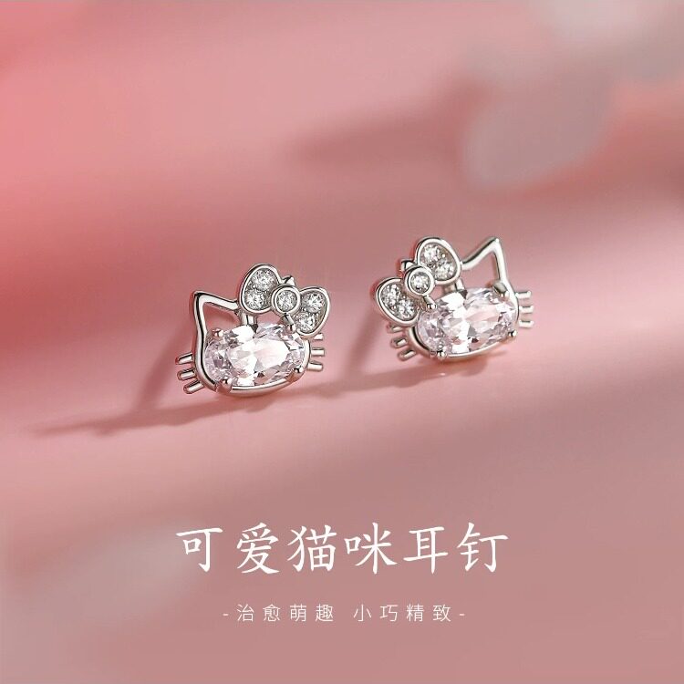 S999纯银针猫咪耳钉小众设计耳饰