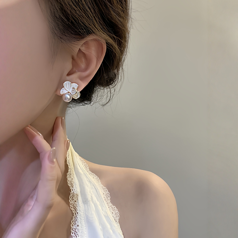 999纯银耳针耳钉山茶花珍珠耳环