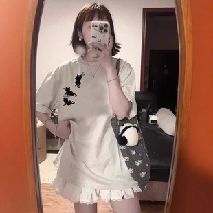 夏季 t恤女2025新款 大码 纯棉正肩短袖 上衣 设计感小众美式 宽松半袖