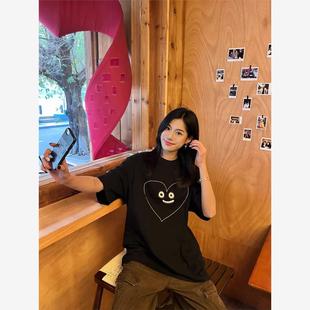 T恤女夏季 韩国ins小众纯棉短袖 呆萌爱心印花宽松显瘦重磅圆领上衣