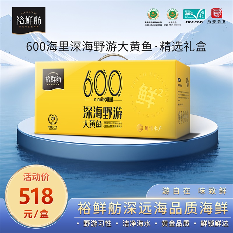 【裕鲜舫】特选礼盒 600海里深海野游大黄鱼礼盒 2条装 500g/条 水产肉类/新鲜蔬果/熟食 海鲜水产礼盒套装 原图主图