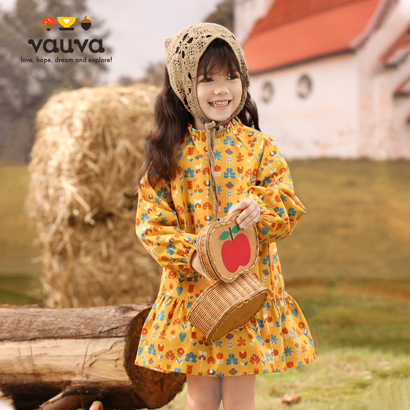 [Vauva]女童满印金黄色连衣裙春秋新款小女孩洋气棉洋气裙