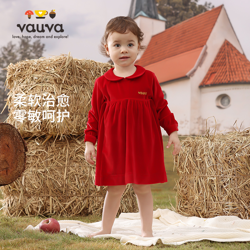 vauva包屁衣新生婴儿两件套春秋装红色外穿女宝宝灯芯绒包屁衣裙
