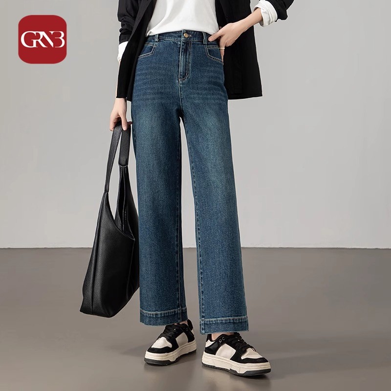 GRNB复古怀旧直筒阔腿牛仔裤女春季新款宽松显瘦高腰时髦窄版长裤