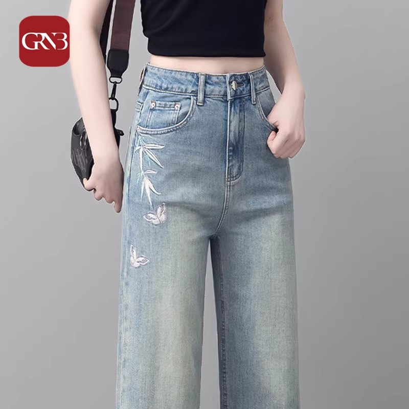 GRNB时尚窄版阔腿牛仔裤女秋季高腰显瘦直筒裤刺绣宽松休闲长裤