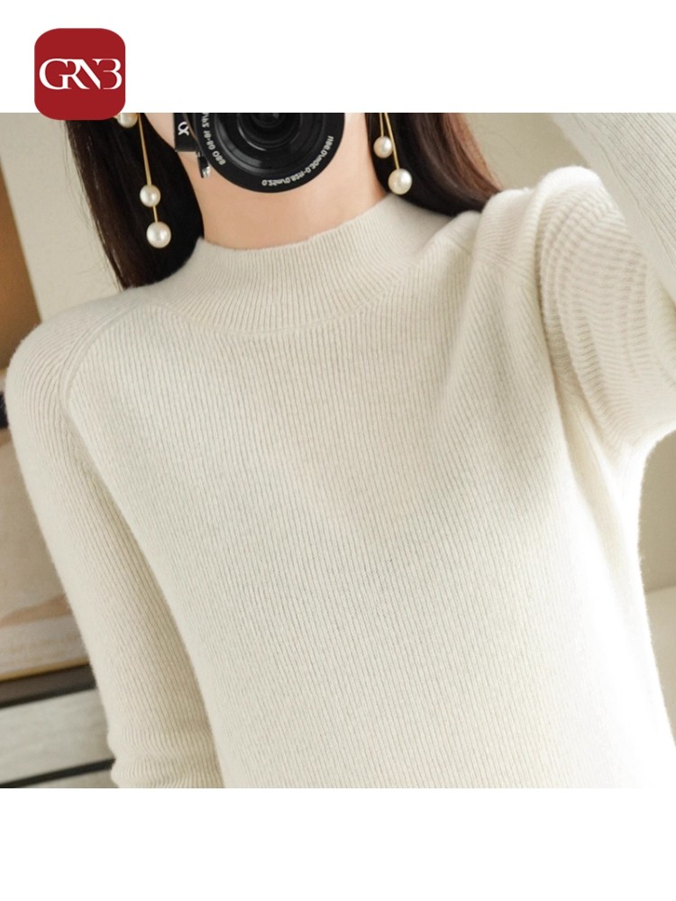 GRNB柔糯半高领毛衣女秋冬内搭修身紧身插肩袖气质中领针织打底衫