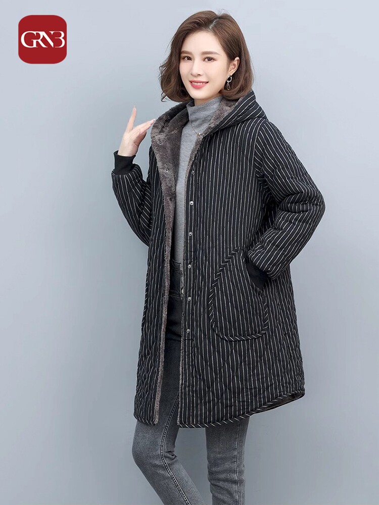 GRNB中长款妈妈棉服女秋冬季新款加绒加厚棉袄时尚条纹连帽派克服
