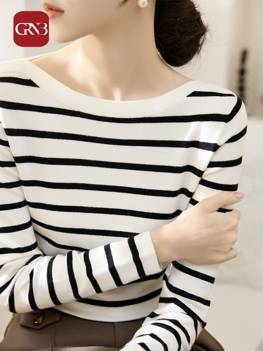 GRNB春秋薄款一字领包芯纱百搭针织衫时尚高级感修身条纹打底上衣