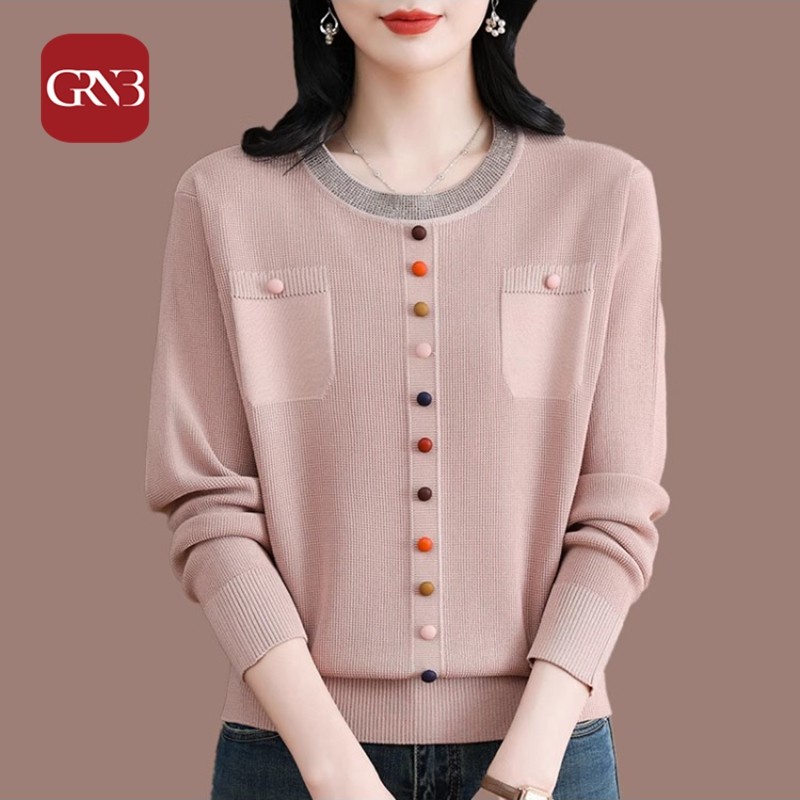 GRNB中年妈妈秋装长袖T恤女2025新款宽松时尚漂亮冰丝针织上衣