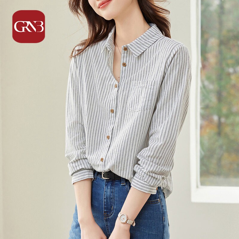 GRNB2026春夏新款竖条纹纯棉衬衫女长袖时尚洋气显瘦有型衬衫上衣